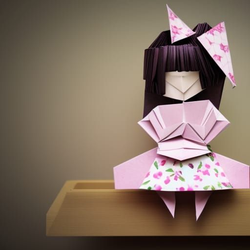 Origami Girl on Floral Shelf: Papercraft Art
