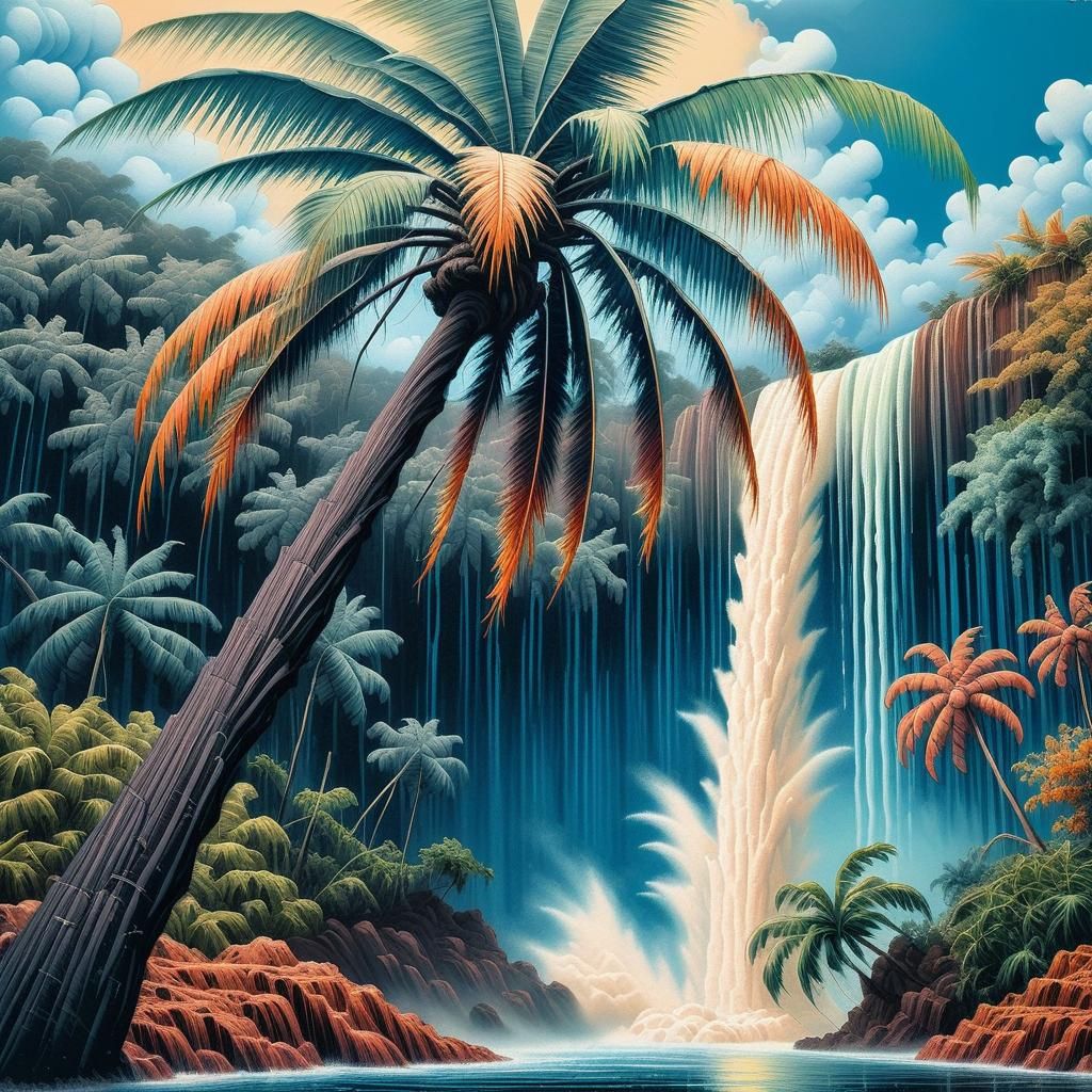 Tropical Waterfall in Impressionist Style