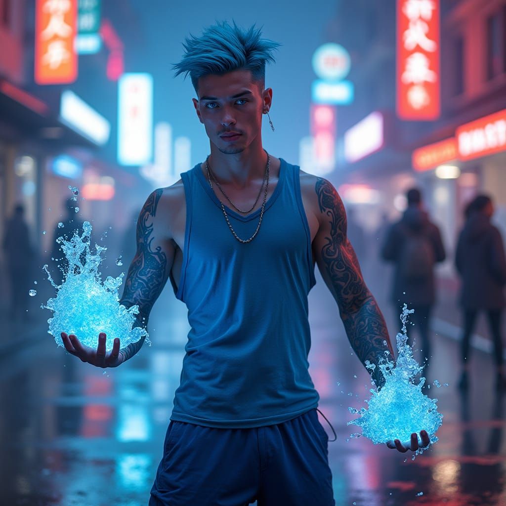 Cyberpunk Snow Mage in Neon Cityscape