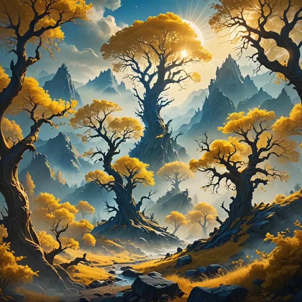 Glowing Yellow Fantasy Landscape in Digital Matte Painting