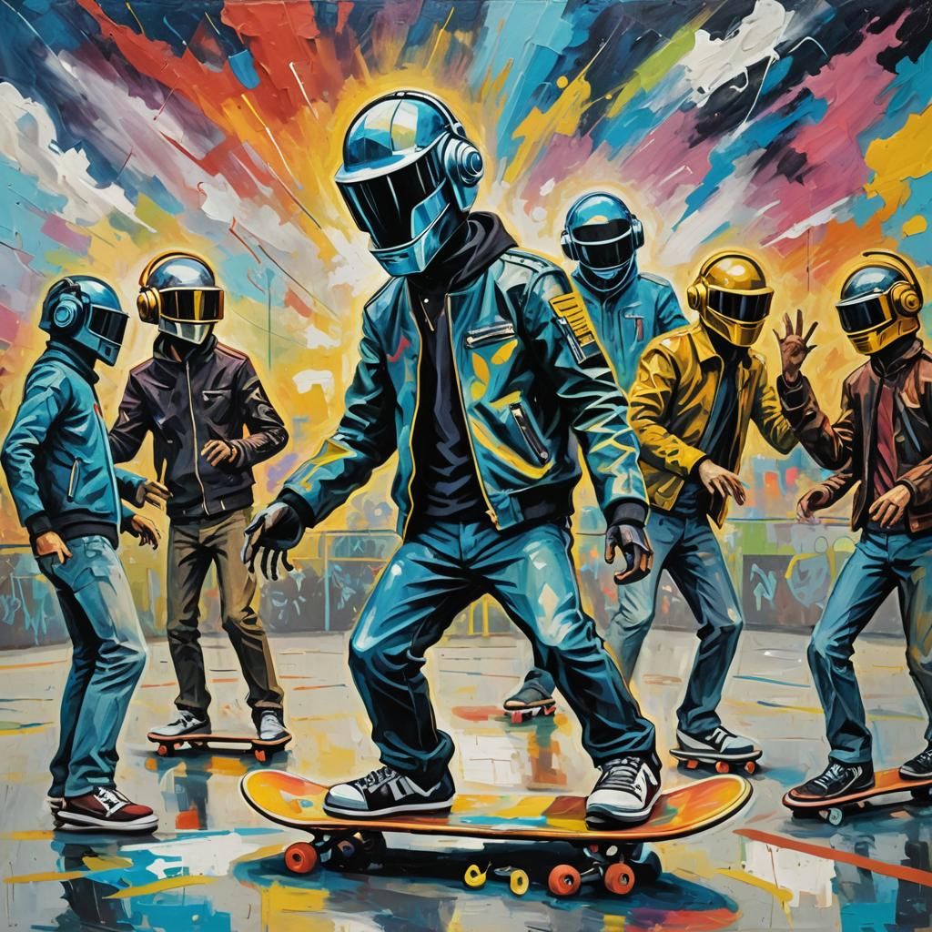 Daft Punk in Skatepark as Impasto Oil Painting