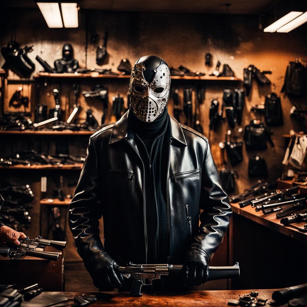 Threat in Leather Shop: High-Contrast Cinematic Photography