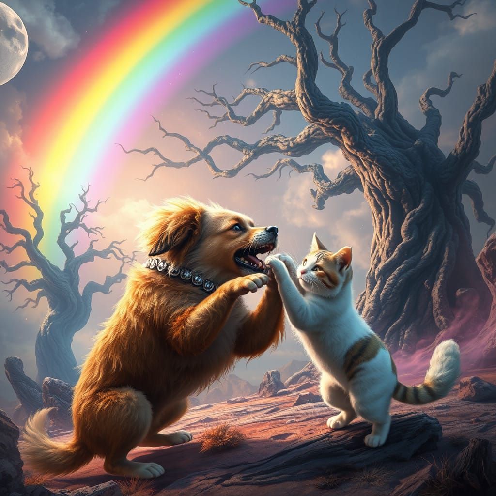 Furry Foes Engage in Whimsical Battle Beneath a Rainbow