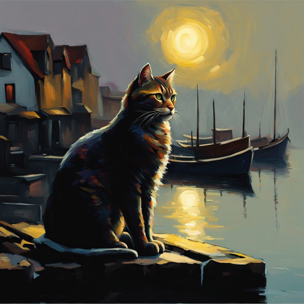 Old Cat at Harbor Village Under Moonlight in Neo-Impressioni...