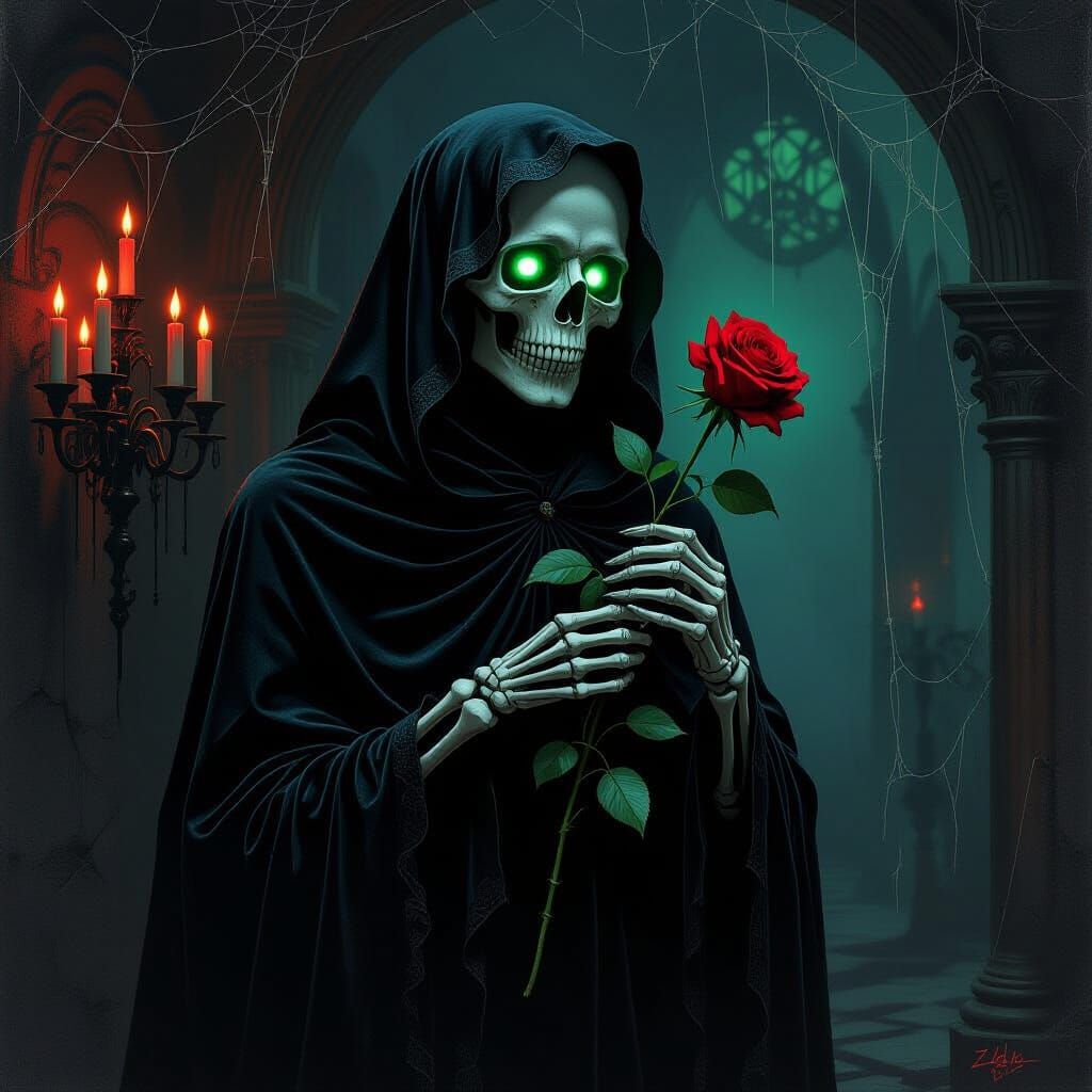 Gothic Skeleton with Rose in Dark Chamber