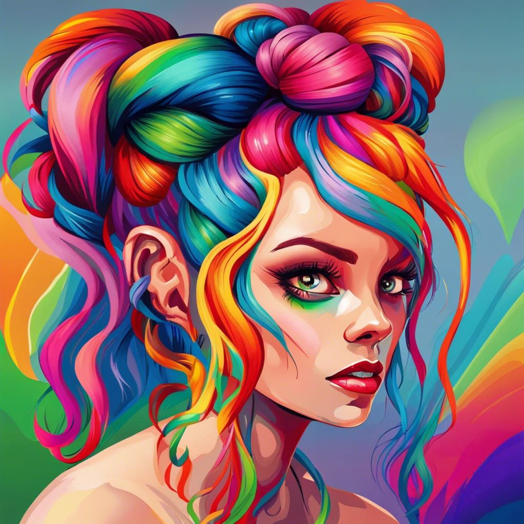 Beautiful Woman with Rainbow Hair, Abstract Art