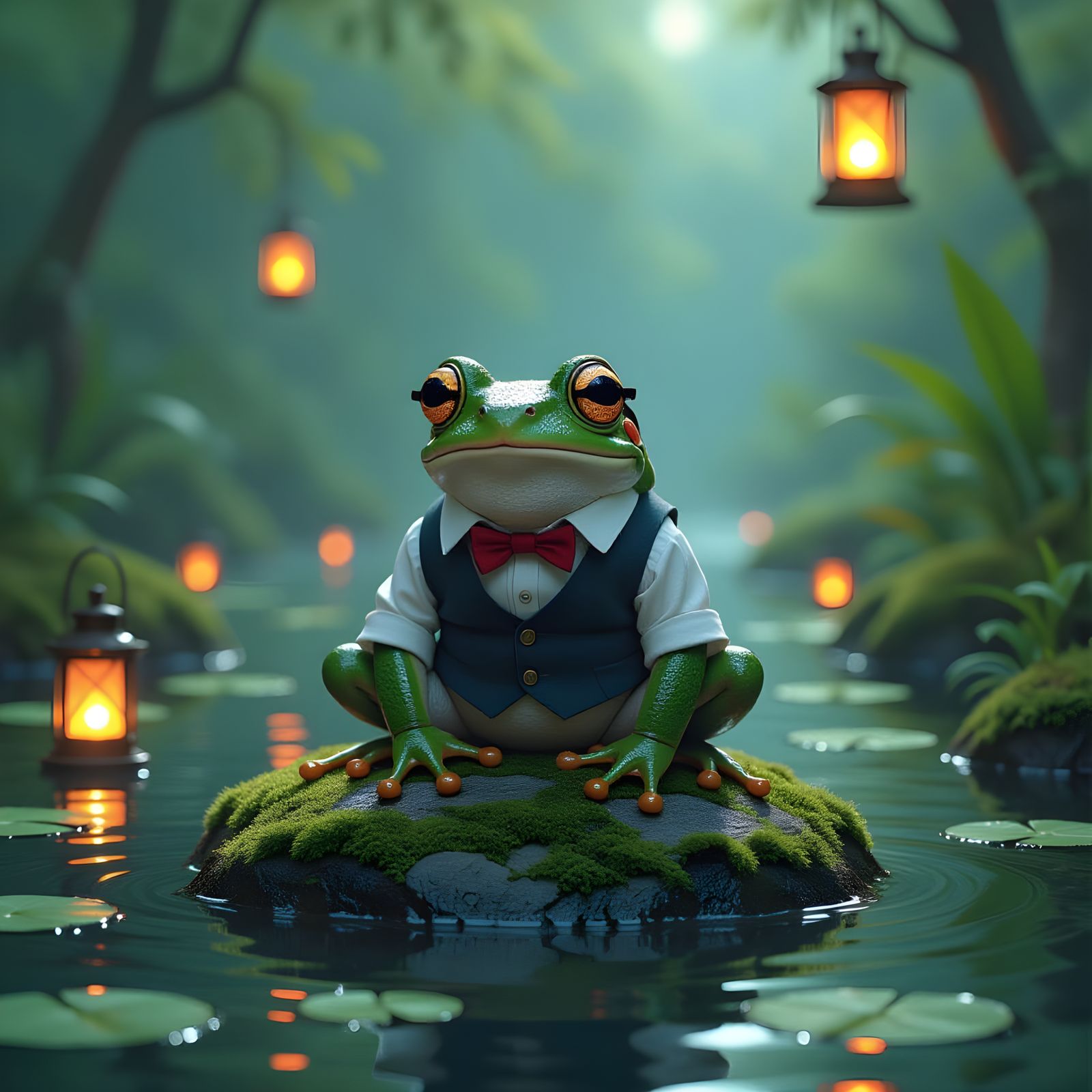 Victorian Frog with Spectacles in Tranquil Pond