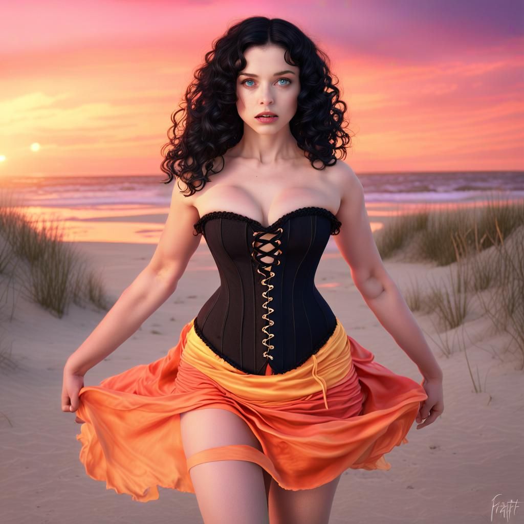 Summer Witch on Beach at Sunset, Fantasy Art
