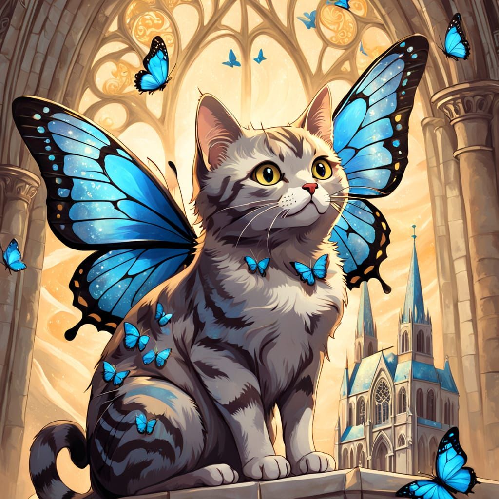 Tabby Cat with Butterfly Wings in Art Nouveau Style