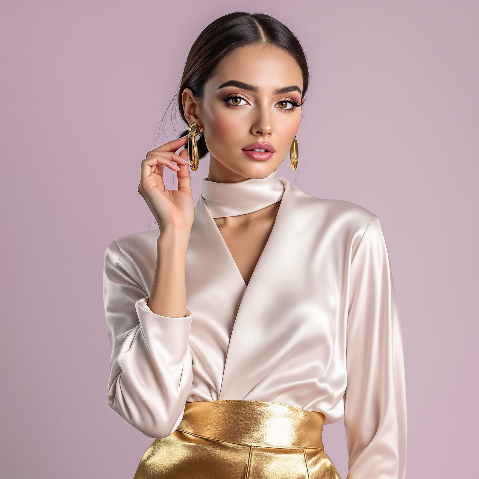 Confident Woman Adjusts Gold Earring in Vogue Editorial Styl...