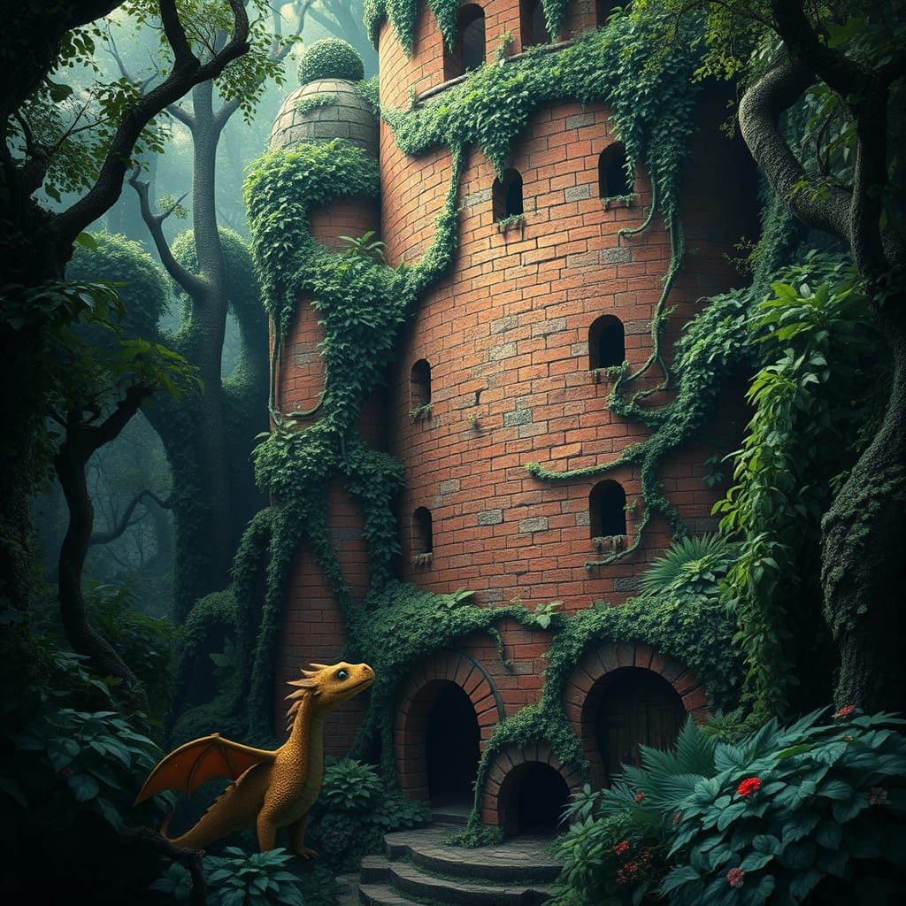 Ancient, Enchanted Red Brick Tower in Dazzling Jungle Oasis
