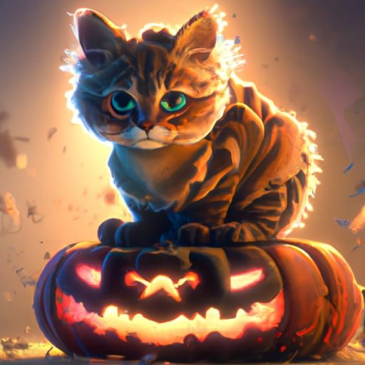 Tabby Kitten on Jack-o'-Lantern, Hyperdetailed Concept Art