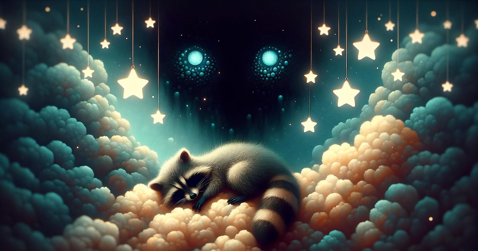 Dreamy Raccoon Guarded by Shadowy Eyes