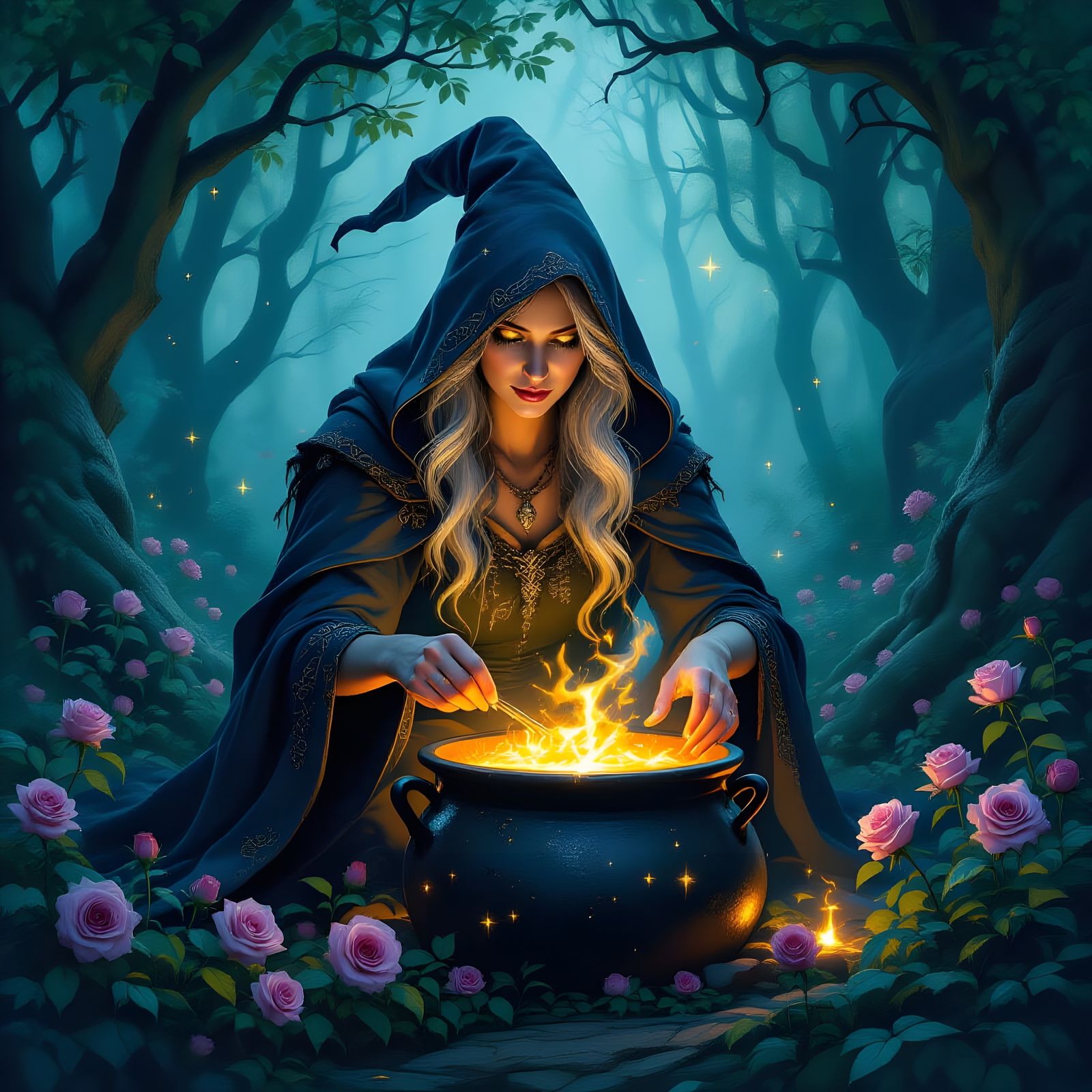 Ancient Witch Brews Starlight Potion in Moonlit Forest