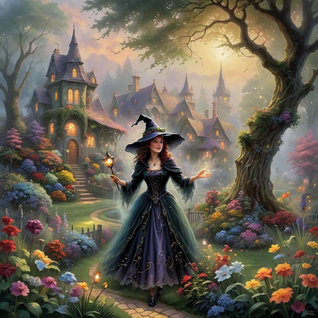 Ethereal Garden Witch in a Fantasy Landscape
