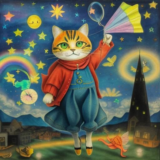 Anthropomorphic Cats Flying Kites: Surreal Crayon Drawing