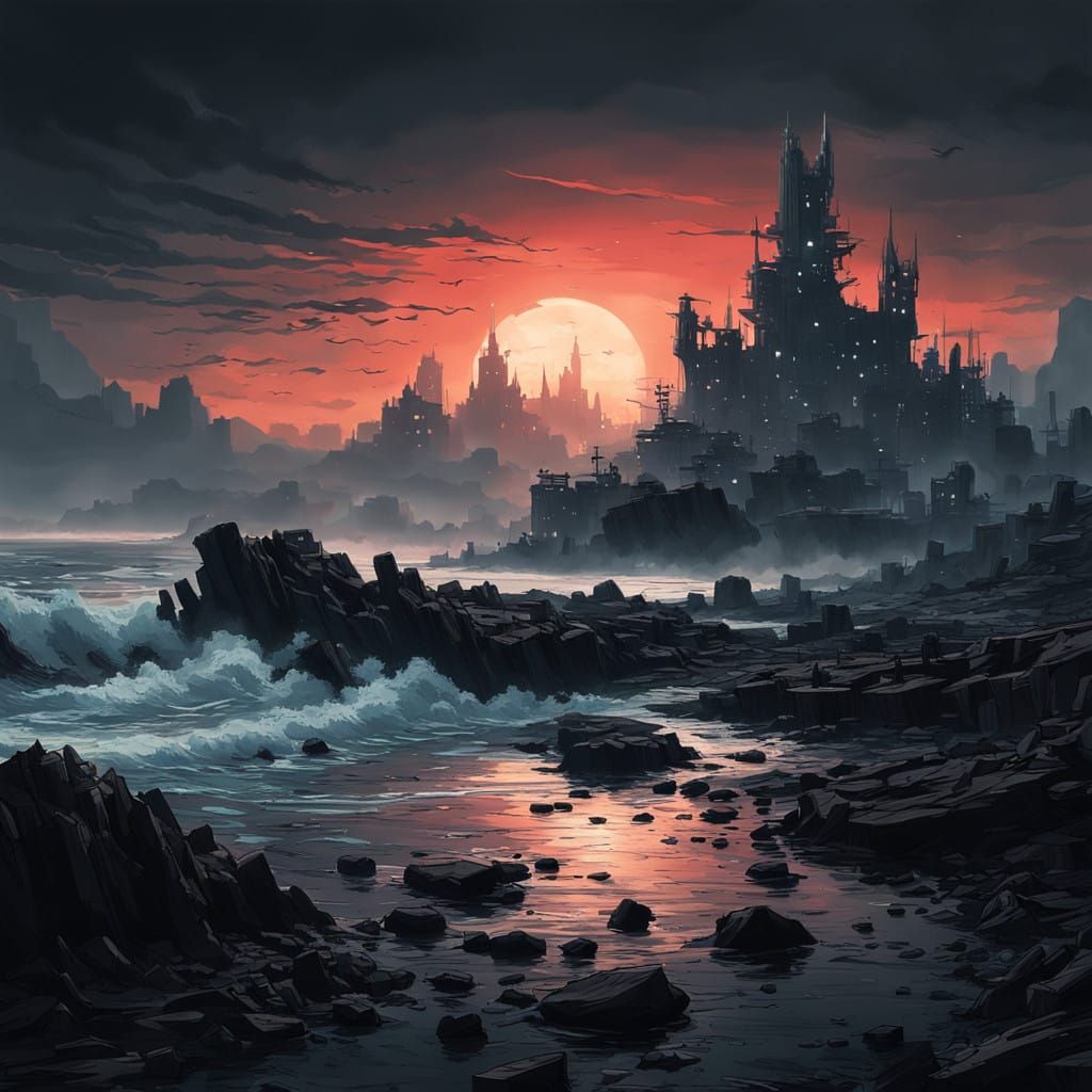 Monochromatic Cybergoth Coastal Ruins at Dawn