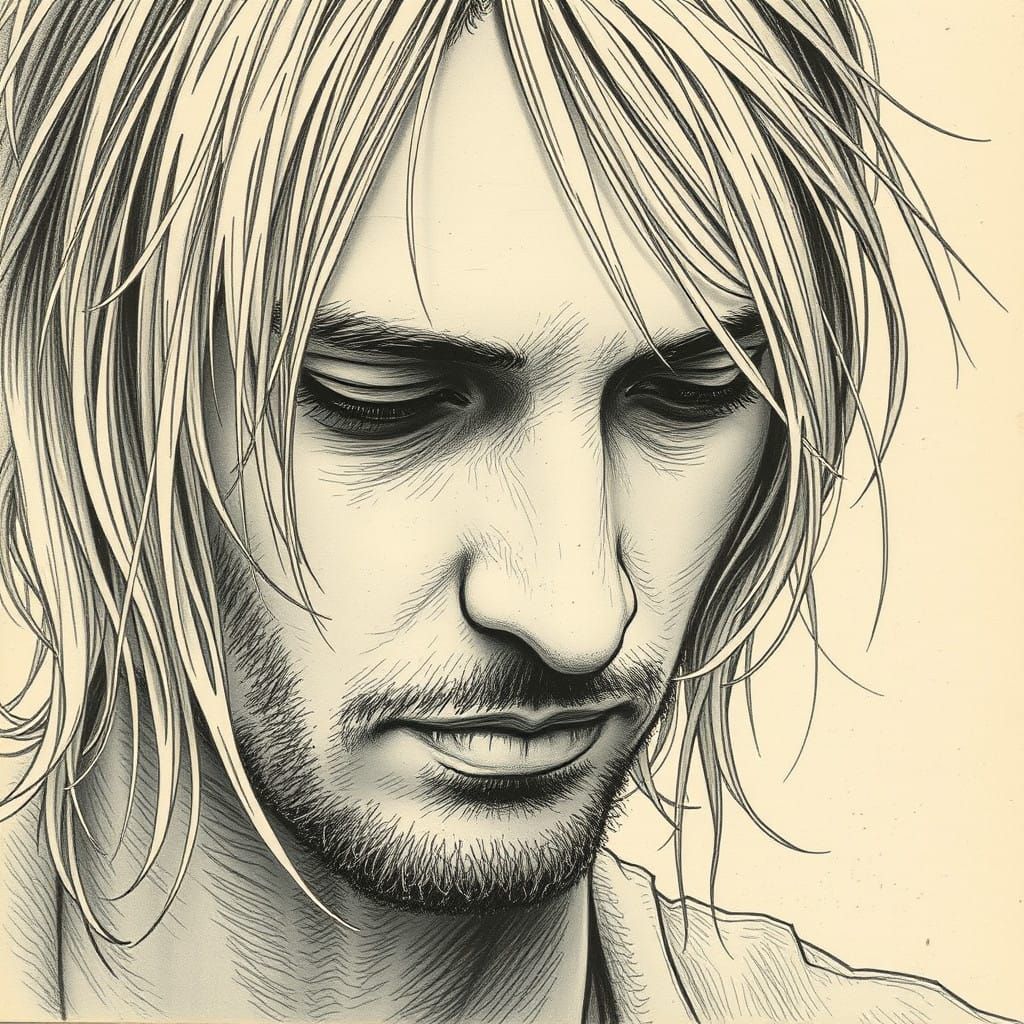 Kurt Cobain in Whimsical, Hand-Drawn Pencil Sketch Style