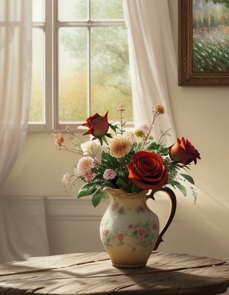 Roses in a Delicate Antique Vase, Soft Focus Impressionist A...