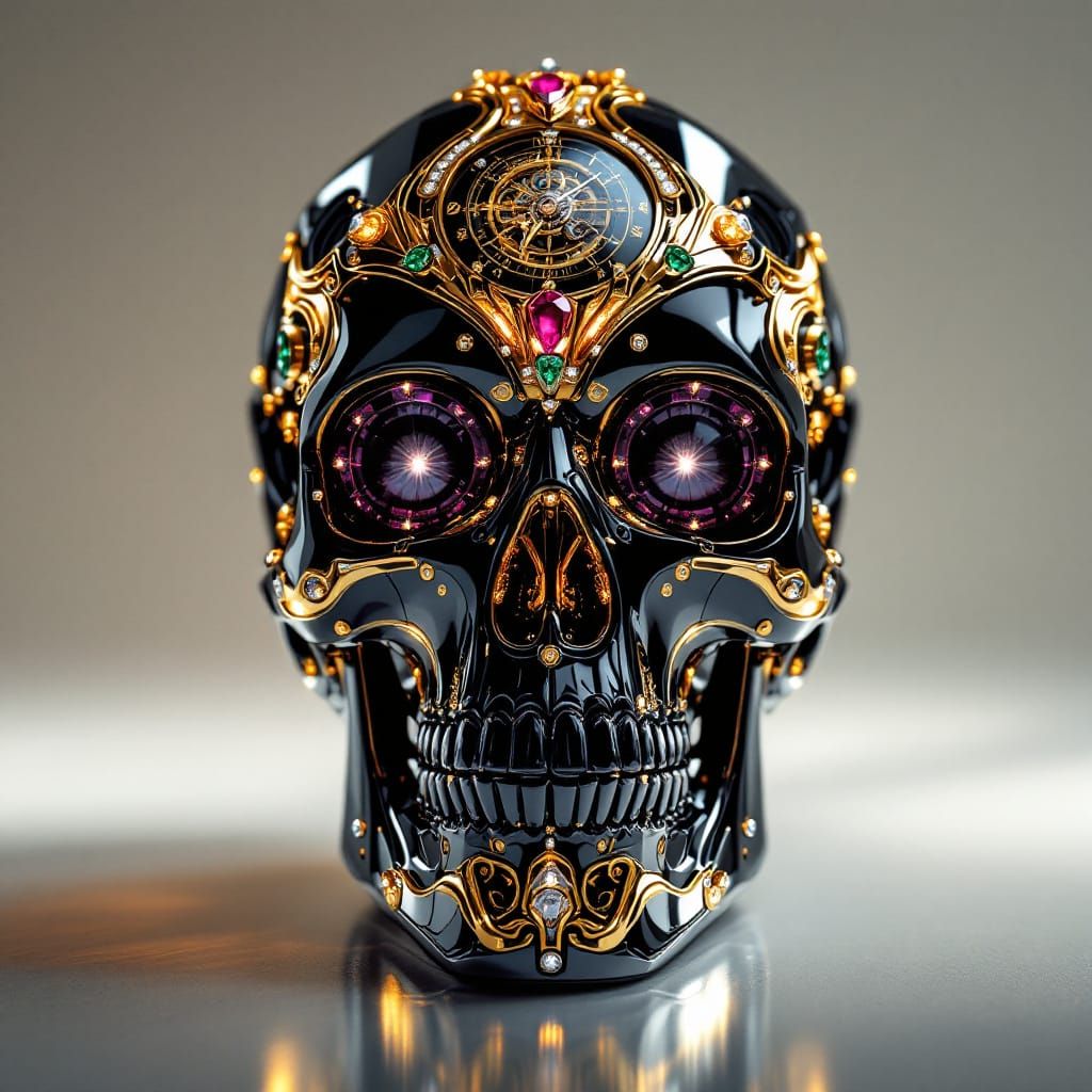 Hyperrealistic Jeweled Skull with Clockwork Details