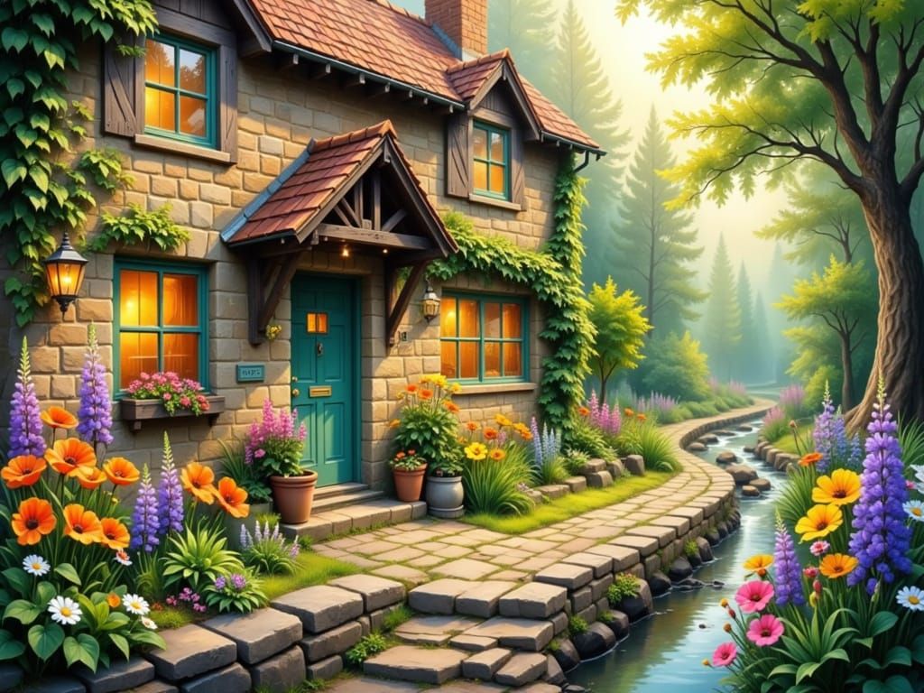 Warm British Country Cottage at Dusk with Golden Light and W...