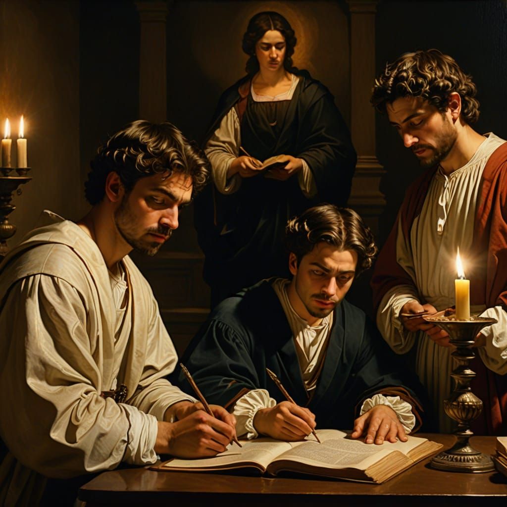 Scholars Studying in Roman Library: Baroque Painting