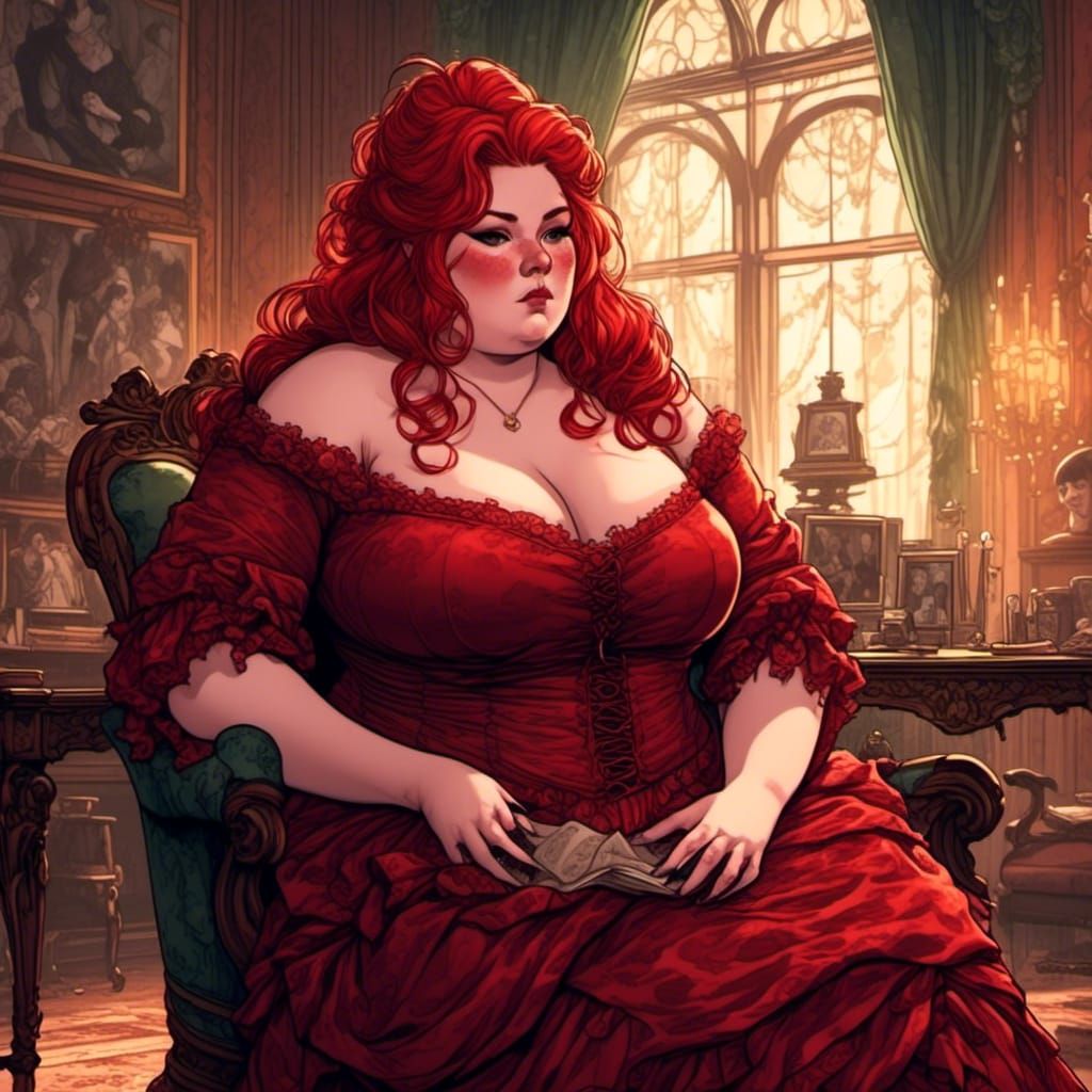 Redhead in Velvet Dress in Victorian Parlor