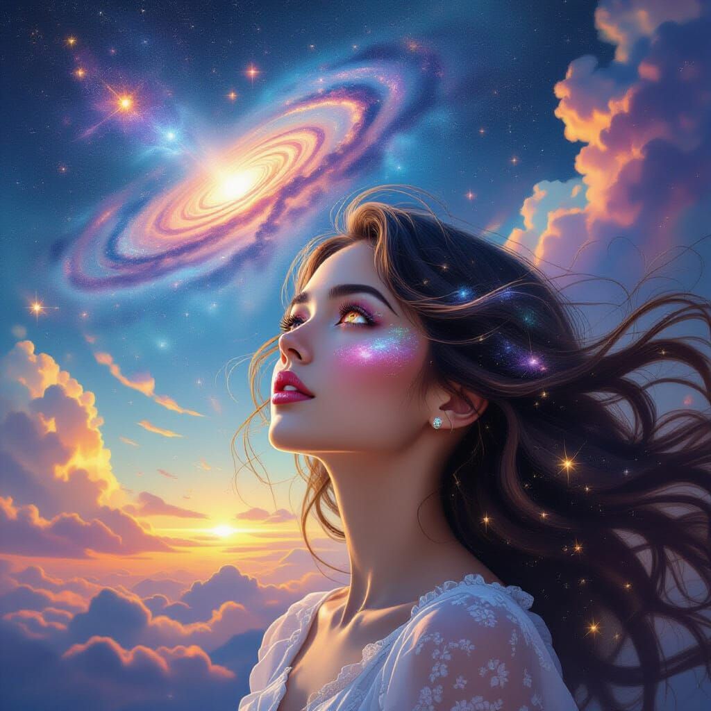 Ethereal Woman Gazing at Cosmic Dreamscape