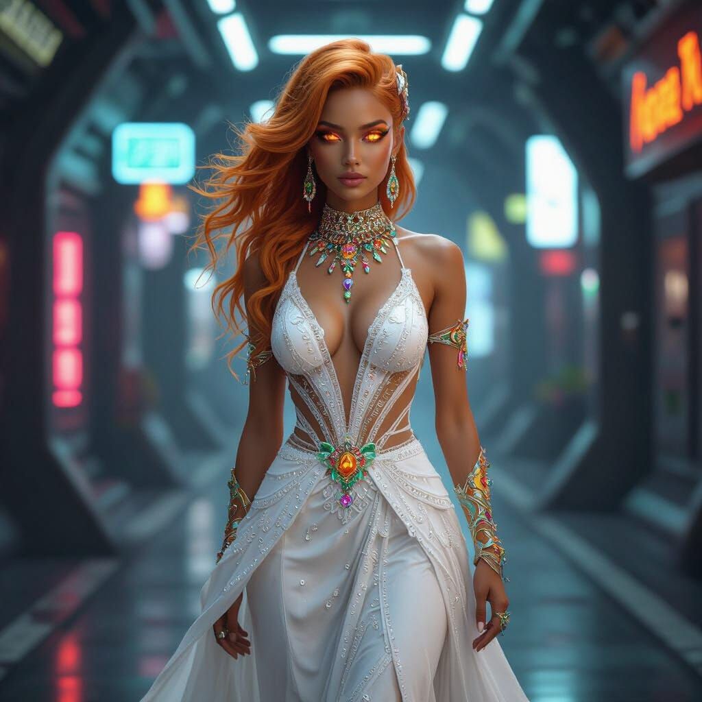 Alien Woman in Futuristic Corridor, Cyberpunk Style