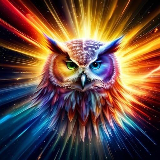 Rainbow Owl in Cosmic Explosion: Hyperrealistic Detail