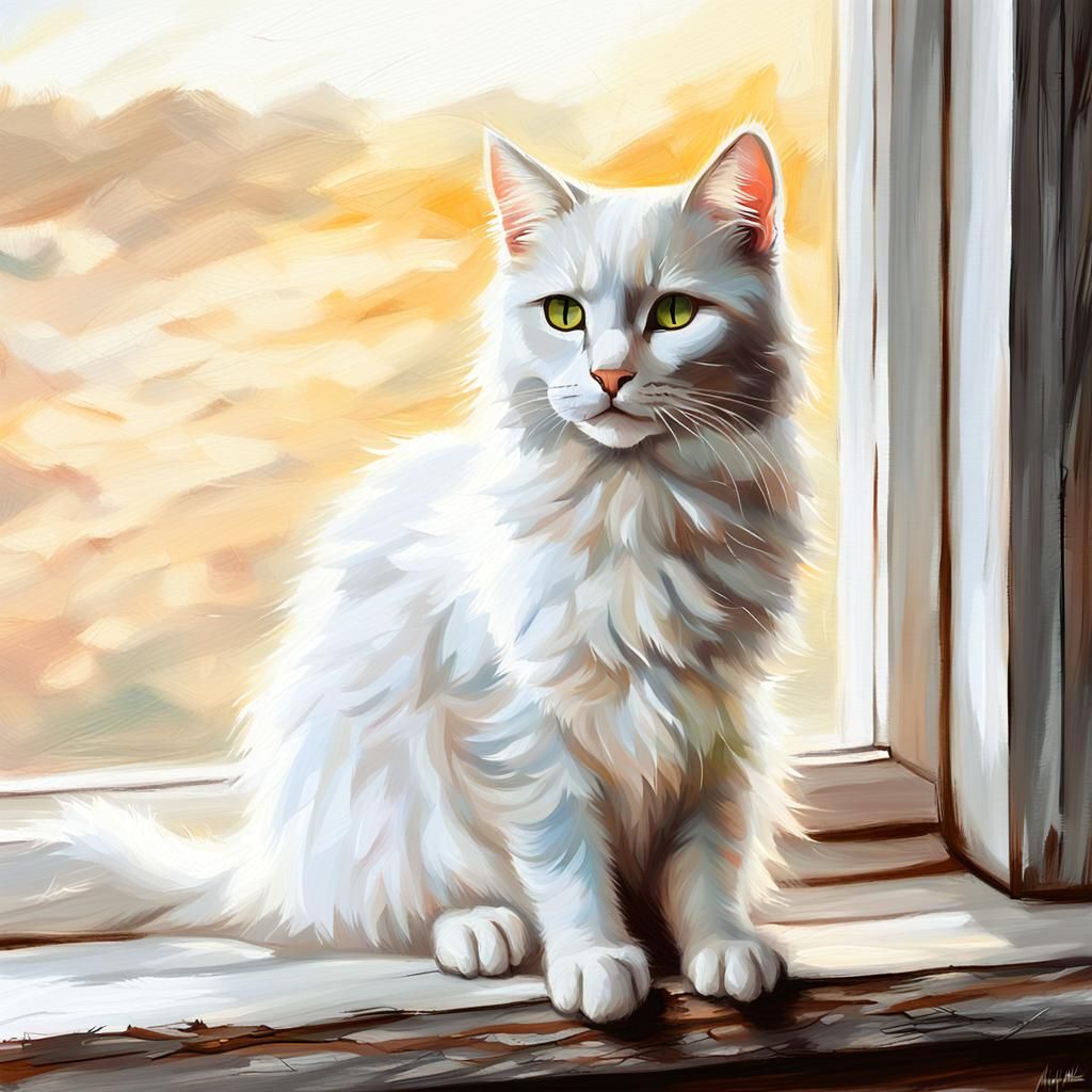 White Cat Portrait as Oil Painting
