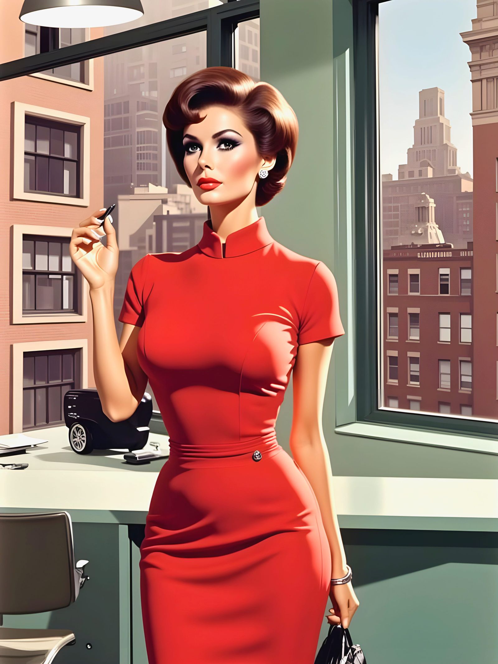 1960s Office Secretary with Bouffant Hair in Modern Office