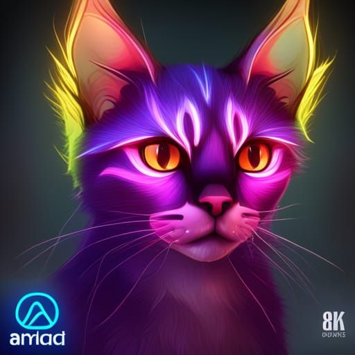 Neon Cat Portrait in Chibi Style