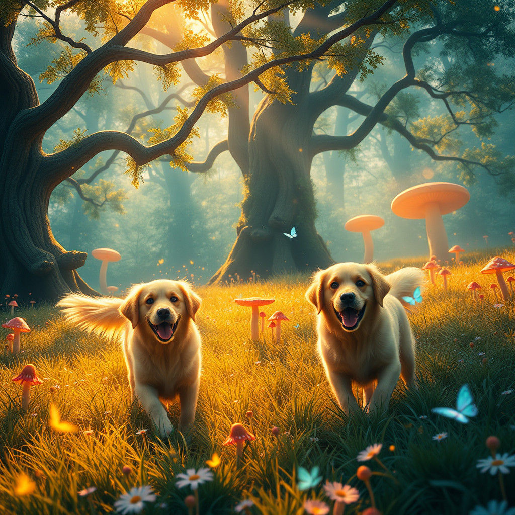 Golden Retrievers in a Magical Meadow, Matte Painting