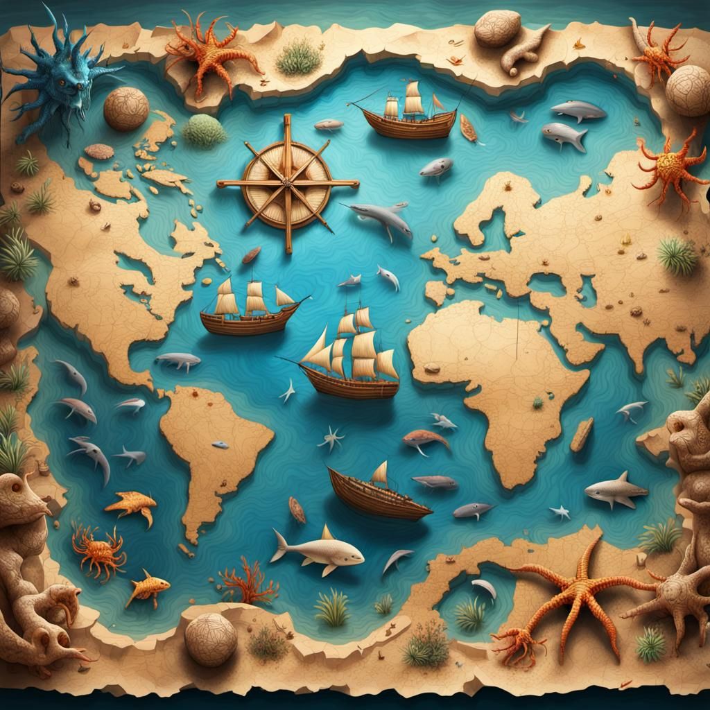 3D Cartographic Map of Mythical Sea Creatures