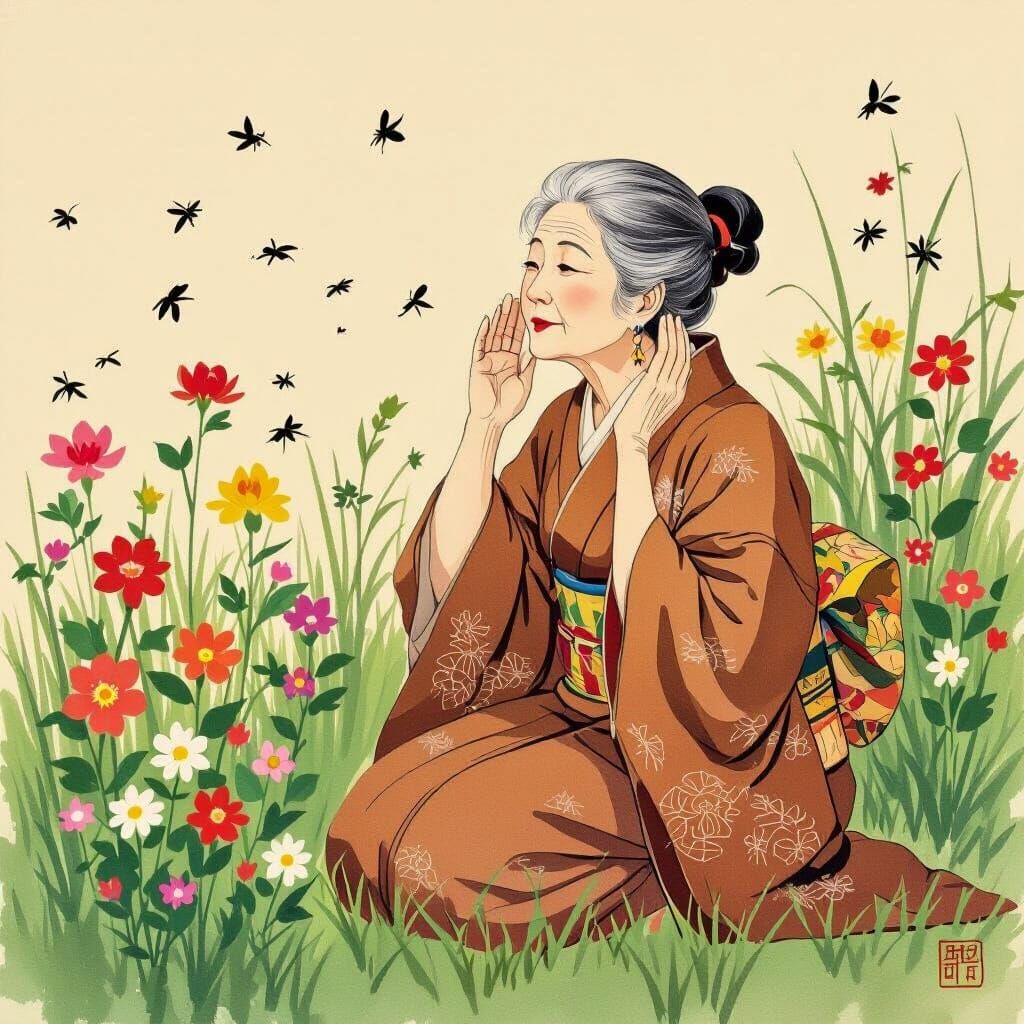Woman Listening to Crickets in Japanese Art Style