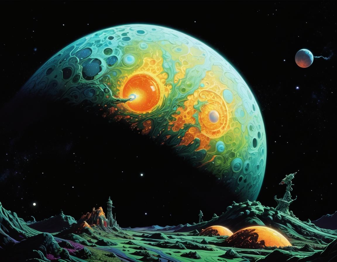 Green Alien Monster on Lunar Landscape in Comic Art