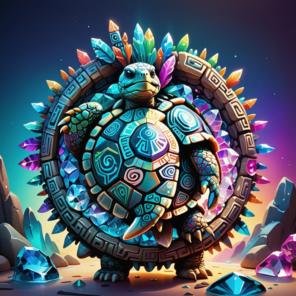 Aztec Tortoise with Trident on Crystal Geode