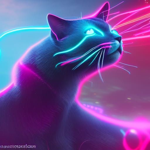 Fantastical Neon Cat in Detailed Digital Painting