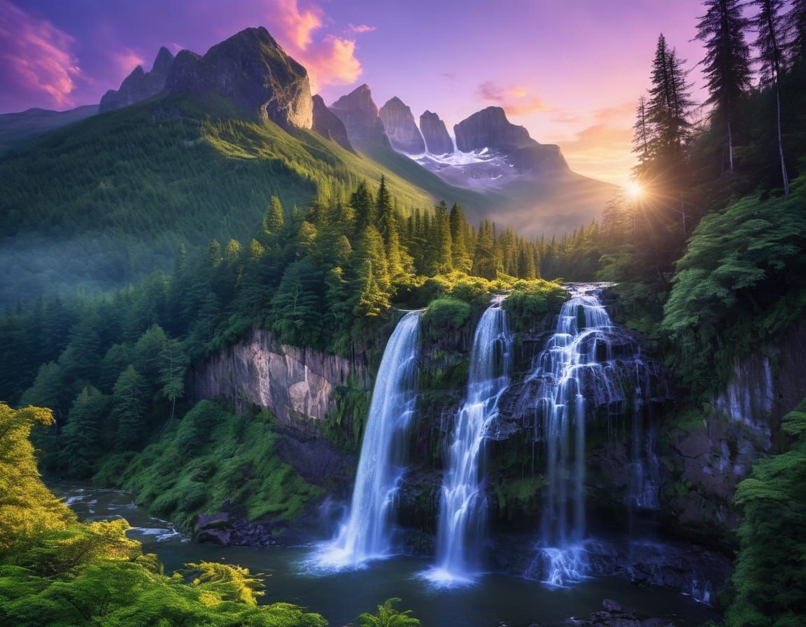 Majestic Waterfall in Purple Sunset Glow