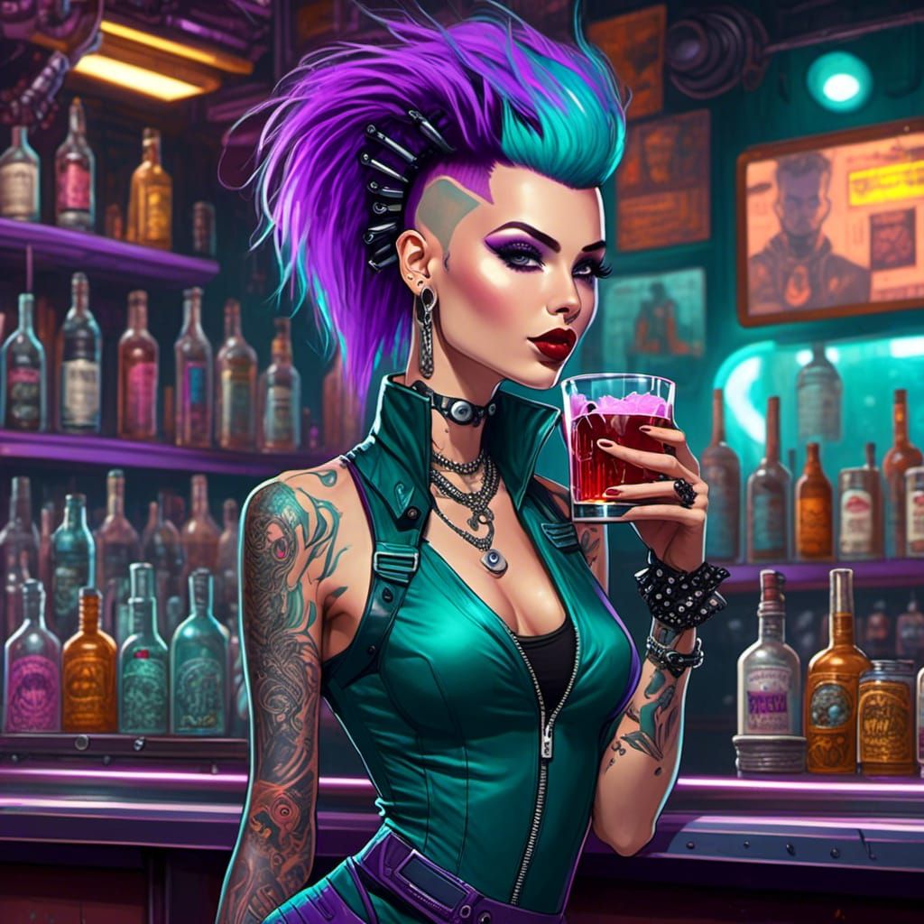 Punk Cyborg Bartender with Teal Hair