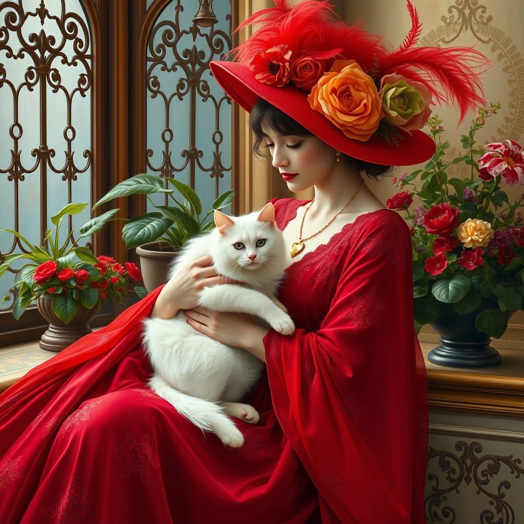 Elegant Woman in Crimson Velvet Dress, Adorned with Golden H...