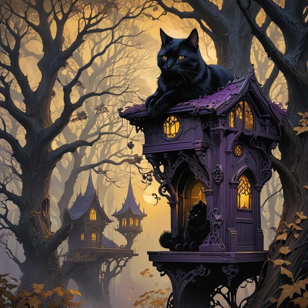 Gothic Treehouse Black Cat in Dark Fantasy Style