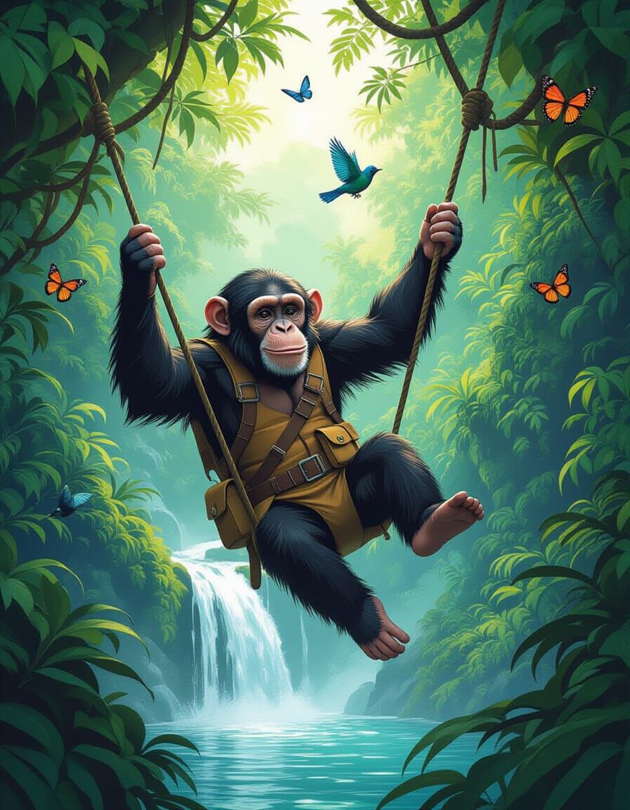 Playful Chimp Explorer Discovers Rainforest Waterfall