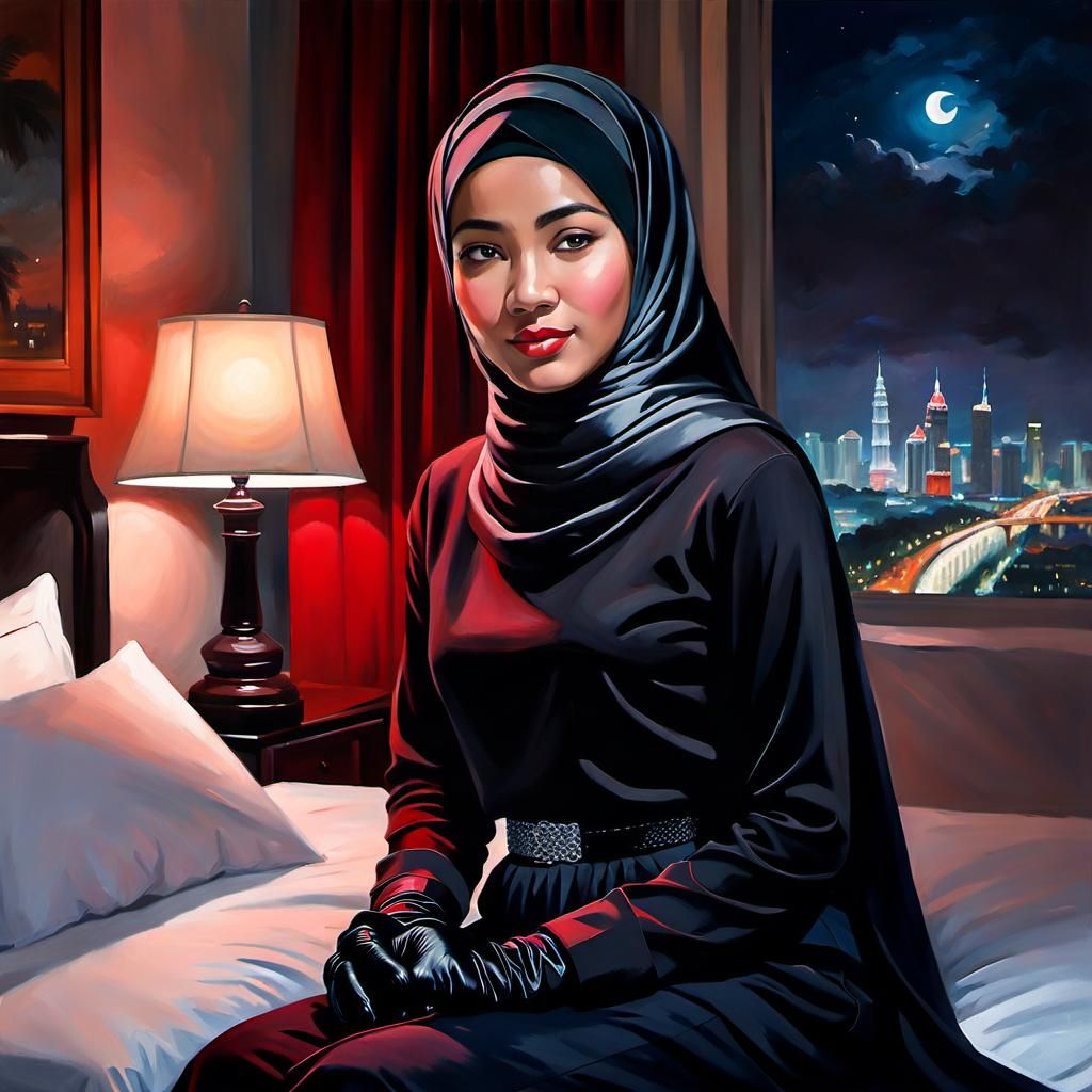 Girl in Hijab Overlooking Kuala Lumpur: Oil Painting