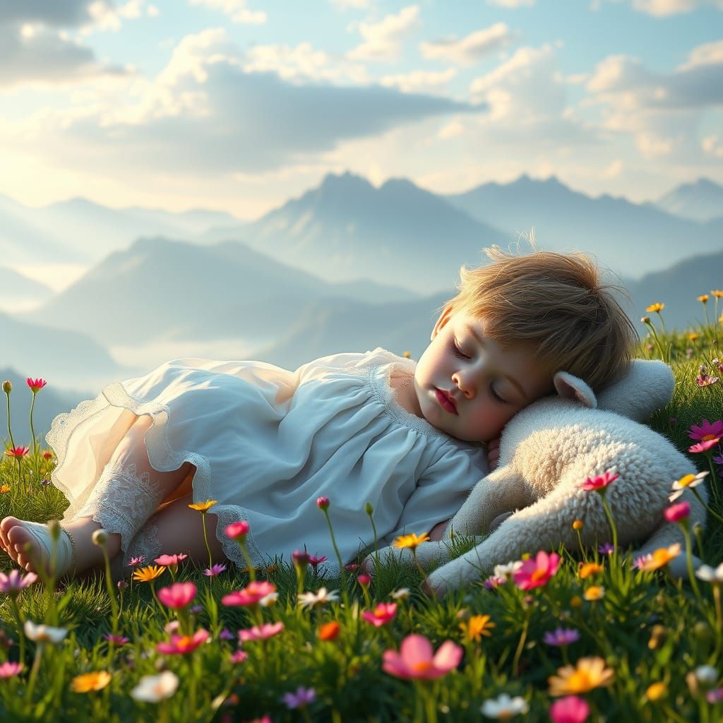 Child and Lamb in Serene Meadow Fantasy Landscape