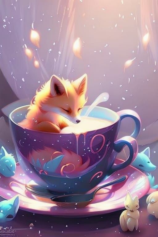 Fox Kit in Teacup: Splash Art Masterpiece