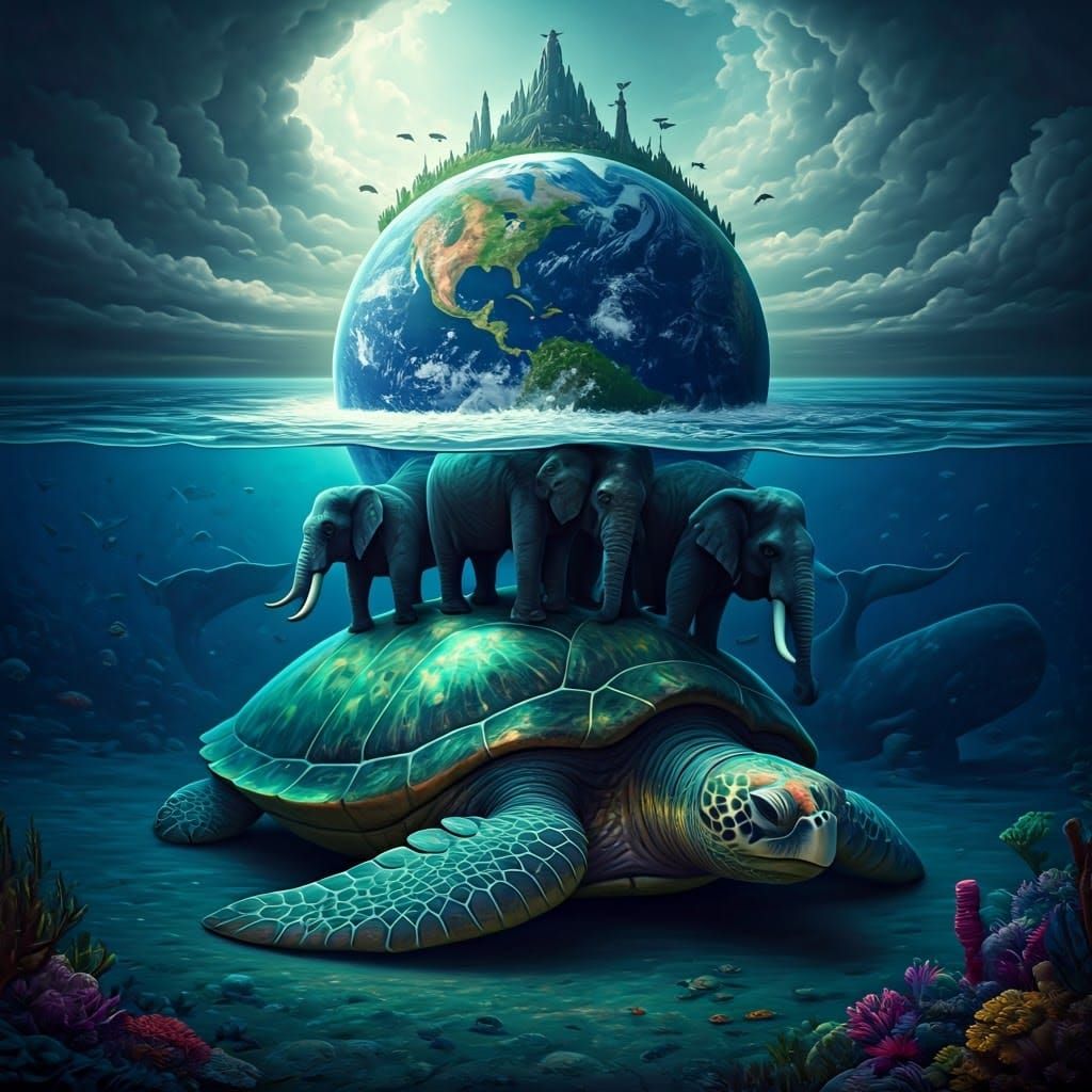 Elephants on Turtle in Ocean of Sapphire Hues