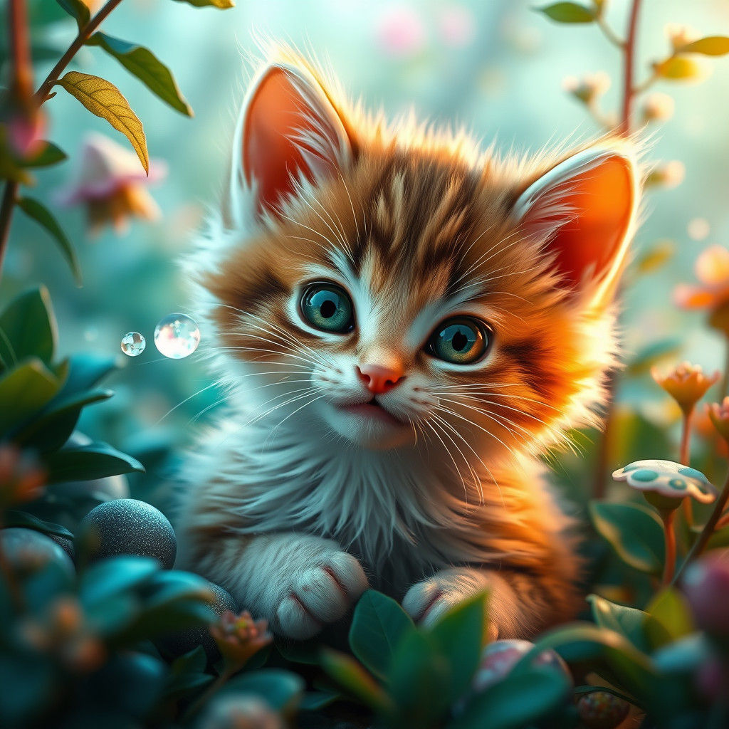 Enchanted Kitten in Dreamlike Garden: Fantasy Concept Art