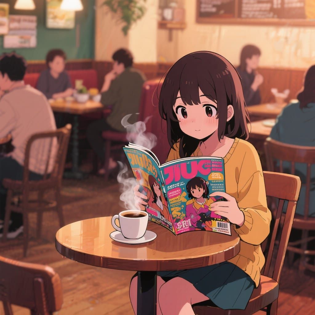 Cafe Scene of Lady Reading, Studio Trigger Style